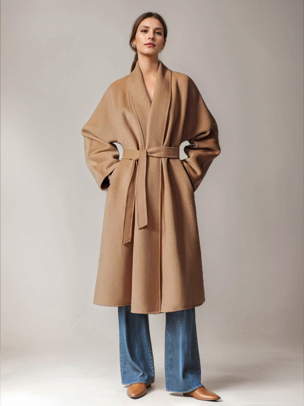 Burgundy Wool Cashmere Blend Wrap Coat For Woman Lapel Elegant Belted Double-Faced Winter Outerwear 2026