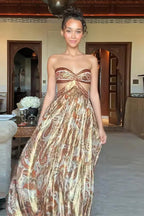 Strapless Sweetheart Waist Cut Out Paisley Metallic Maxi Dress