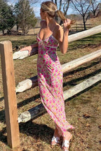 Pink Spaghetti Strap V Neck Lace Trim Empire Waist Ditsy Floral Bodycon Midi Dress