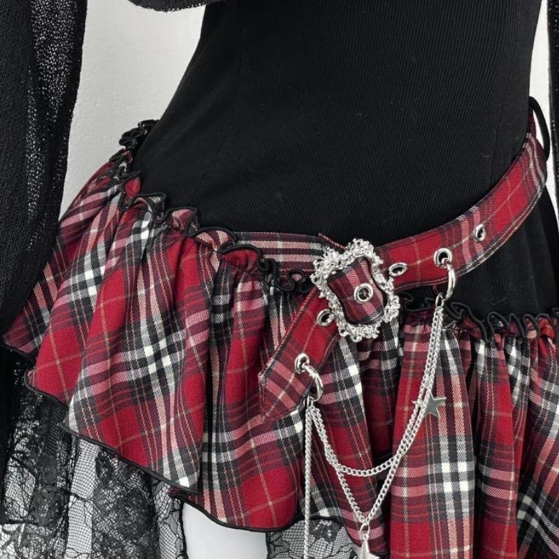 Long sleeve irregular plaid ruffle 2 piece mini dress  | Festival Outfits Women