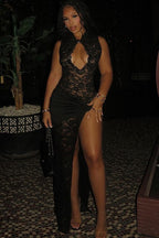Mock Neck Keyhole Cutout Floral Lace Draped Waist Ring Hardware Thigh Slit Maxi Dress