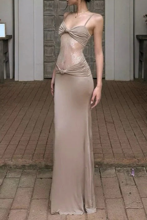 Lace Sweetheart Knot Detail Sheer Panel Spaghetti Strap Maxi Dress