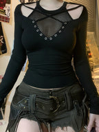 Grid Cross Stitching Long Sleeve Tee