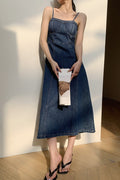 Denim Bustier Spaghetti Strap Panel Seam A-Line Midi Dress
