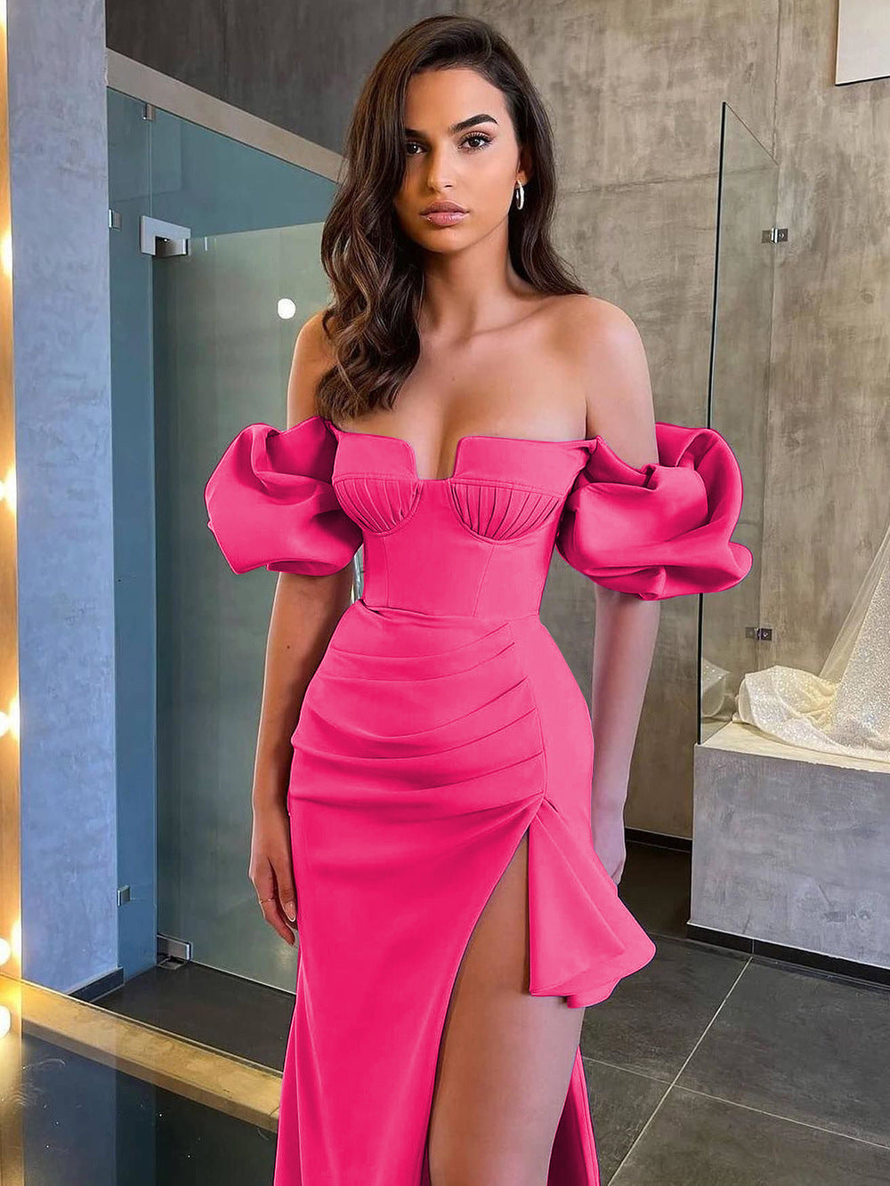 Ruched Midi Dress with Off-Shoulder Statement Sleeves