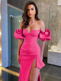 Ruched Midi Dress with Off-Shoulder Statement Sleeves