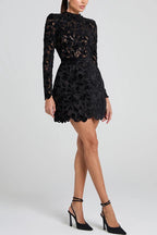 Burnout Velvet Floral Lace Mock Neck Long Sleeve Bodycon Mini Dress