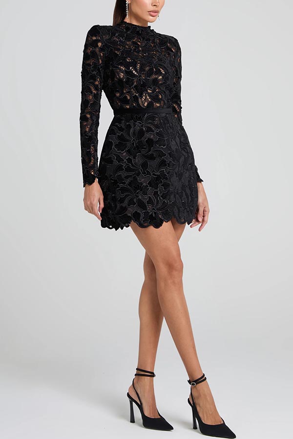 Burnout Velvet Floral Lace Mock Neck Long Sleeve Bodycon Mini Dress