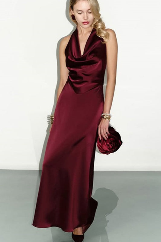 Satin Halter Neck Cowl Neck Bias Cut Bodycon Midi Dress