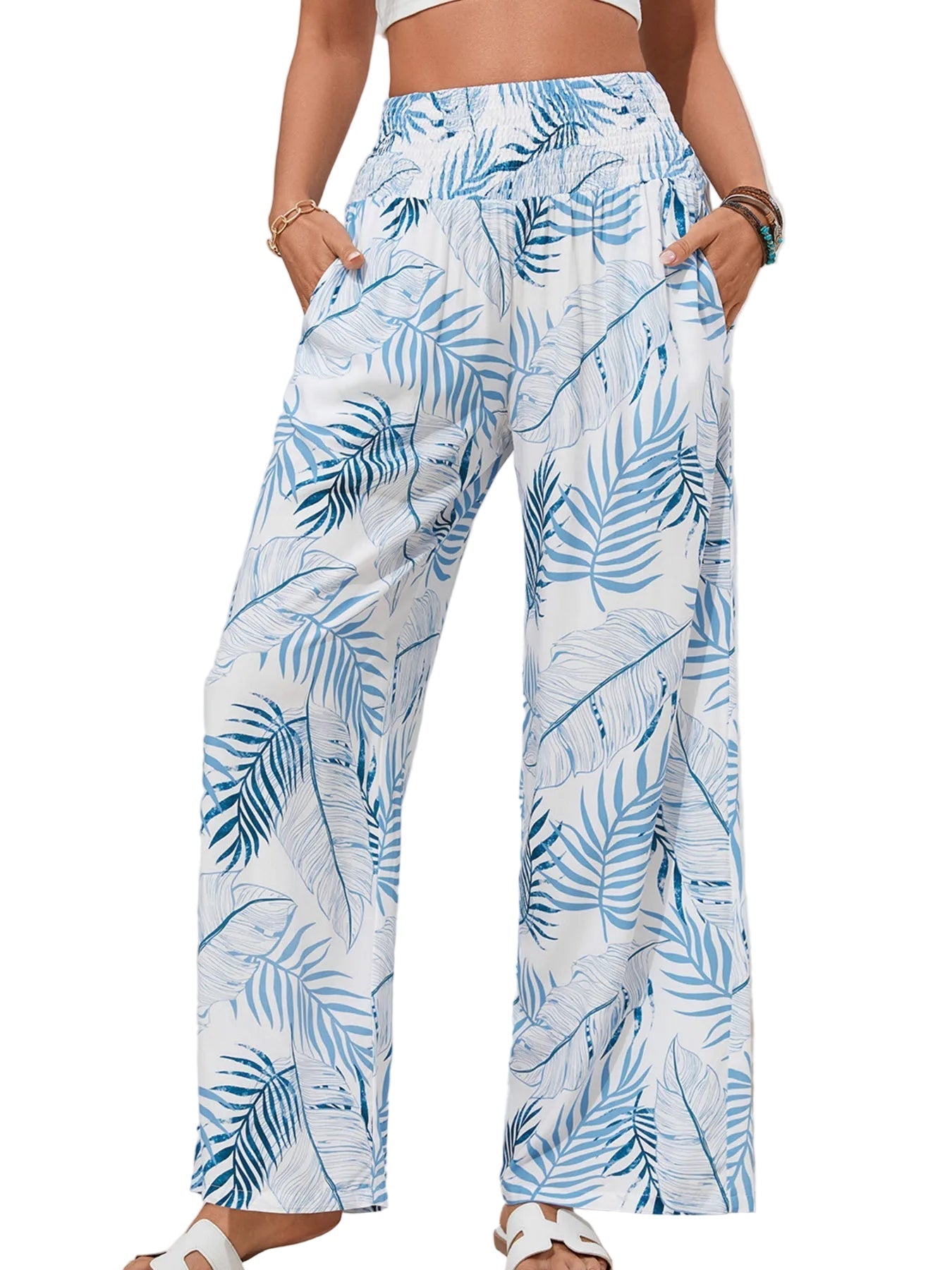 Tropical Wide Leg Pants | Shirred Waist Women__ Style