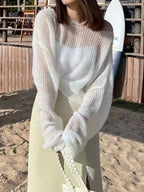 See Through Solid Loose Short Long Sleeve Knit