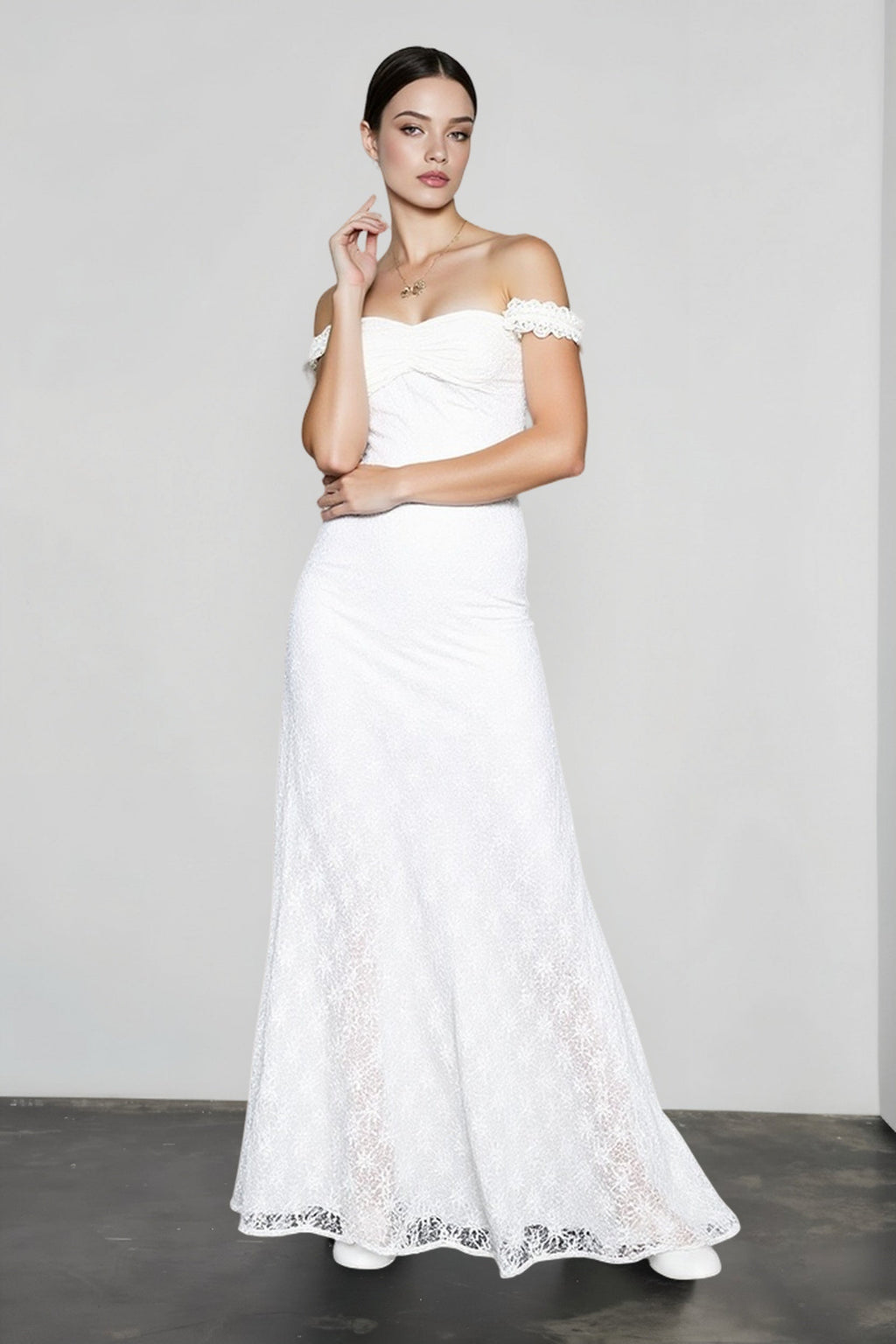 Off Shoulder Sweetheart Neck Floral Lace Scalloped Trim Column Maxi Gown