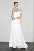 Off Shoulder Sweetheart Neck Floral Lace Scalloped Trim Column Maxi Gown