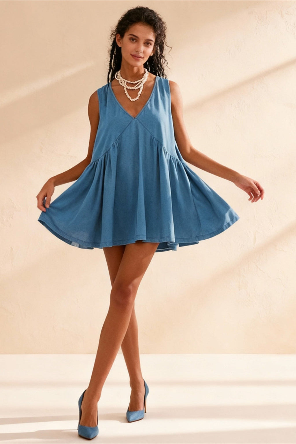 Deep V-Neck Empire Waist Pleated Babydoll Flared Mini Dress