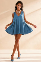 Deep V-Neck Empire Waist Pleated Babydoll Flared Mini Dress