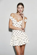 Off Shoulder Sweetheart Ruched Polka Dot Peplum Mini Dress