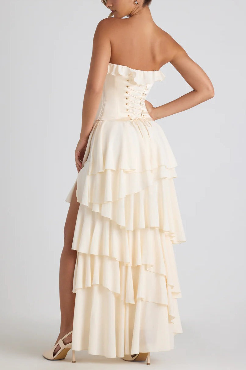 Strapless Ruffle Trim Corset Bodice Tiered Ruffle High Low Split Maxi Dress