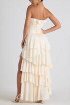 Strapless Ruffle Trim Corset Bodice Tiered Ruffle High Low Split Maxi Dress
