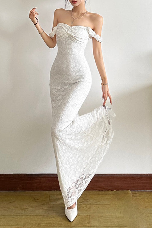 Lace Off Shoulder Ruffle Sleeve Sweetheart Neck Column Maxi Dress