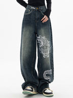 Vintage Dragon Print Boyfriend Jeans