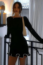 Boat Neck Long Sleeve Contrast Trim Lettuce Hem Knit Mini Dress