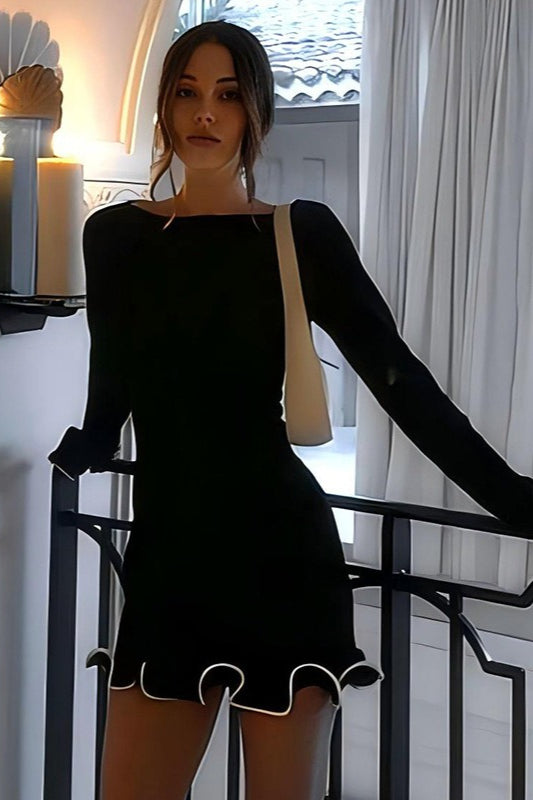 Boat Neck Long Sleeve Contrast Trim Lettuce Hem Knit Mini Dress