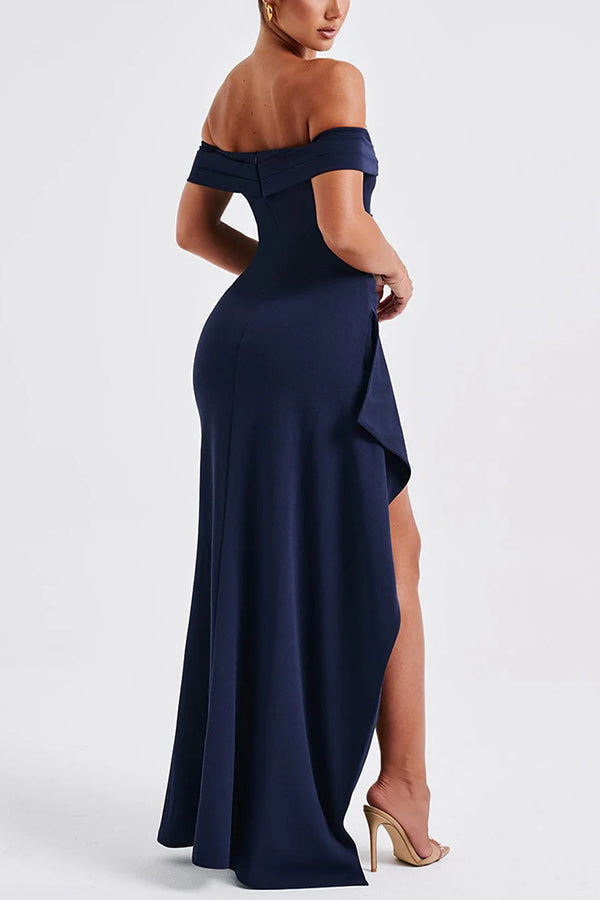 Off Shoulder Ruched Bodycon High Split Maxi Dress