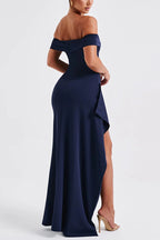 Off Shoulder Ruched Bodycon High Split Maxi Dress