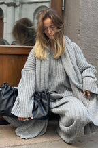 Relaxed Fit V Neck Ribbed Sweater with Pants Two Piece Pants Set