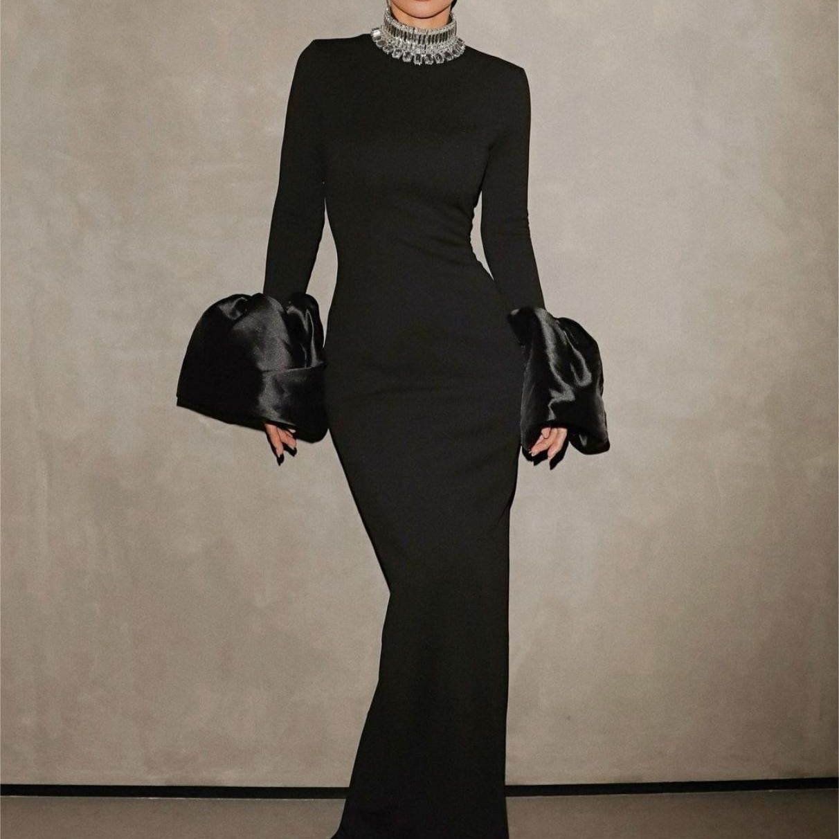 Bell-Sleeve Gown with Embellished Collar