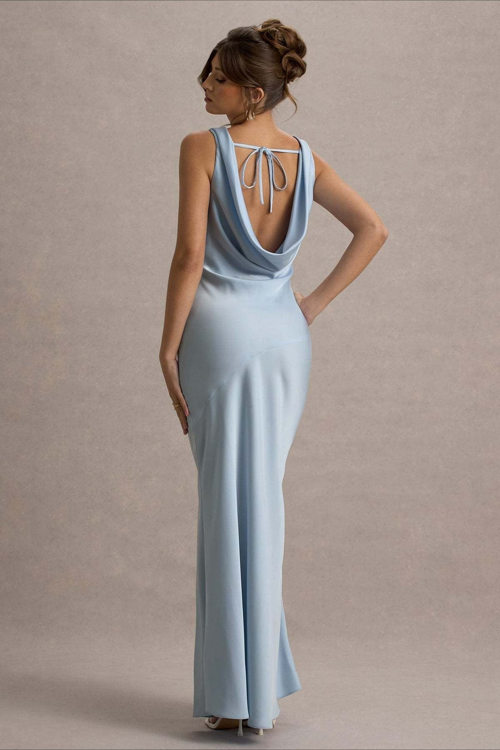 Satin Cowl Neck Sleeveless Column Seam Maxi Gown