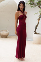 Halter Neck Knot Front Keyhole Cutout Mesh Panel Ruched Bodycon Maxi Dress