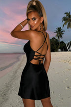 Satin Cowl Neck Spaghetti Strap Slip Mini Dress