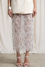 Fashionable Mesh See-through Sequined Tassel Midi Skirt