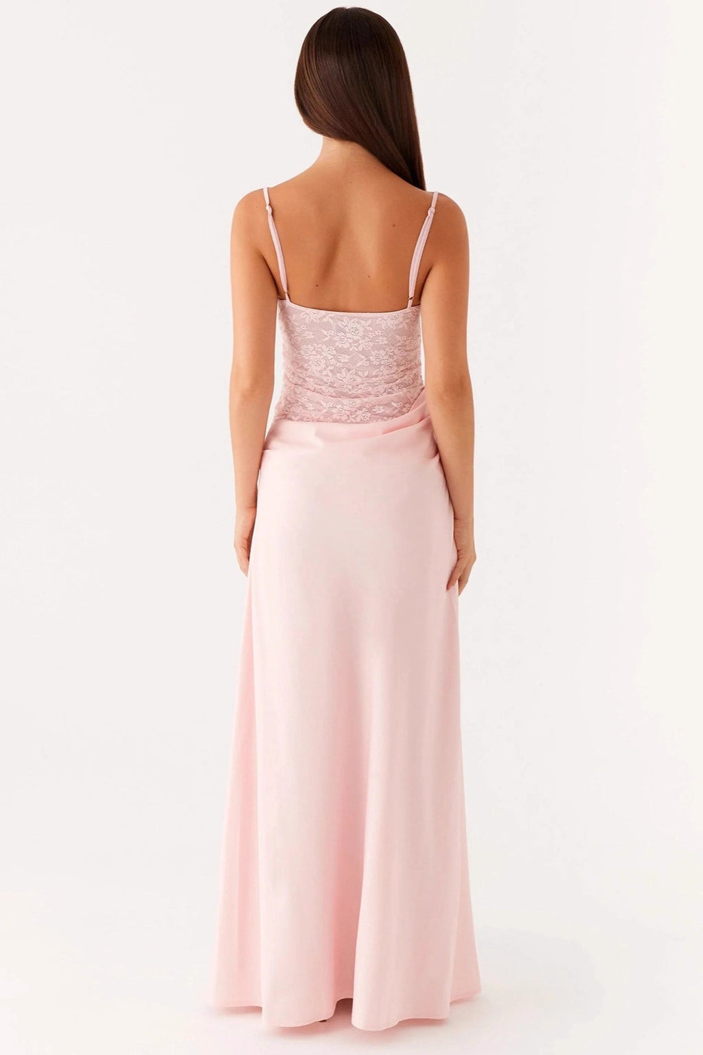 Lace Corset Sweetheart Spaghetti Strap Draped Waist Satin Maxi Gown