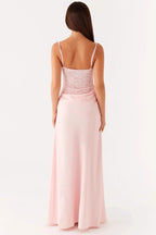 Lace Corset Sweetheart Spaghetti Strap Draped Waist Satin Maxi Gown