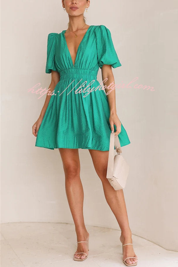 Deep V-Neck Puff Sleeve Smocked Waist Fit and Flare Mini Dress