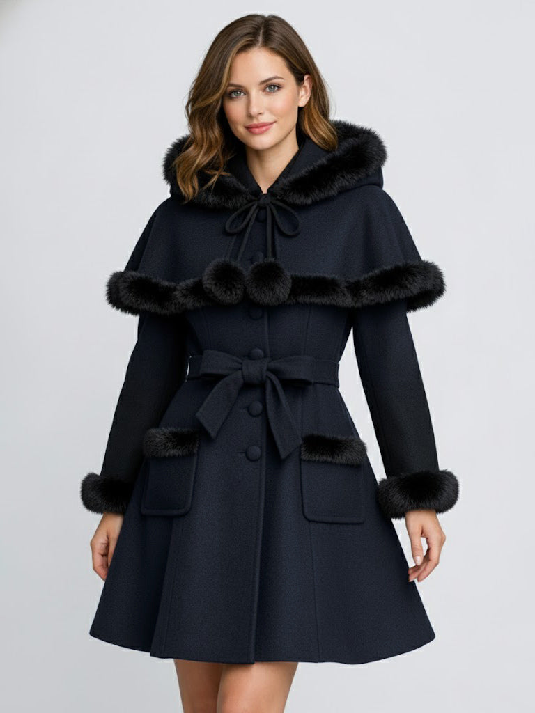 Faux Fur Trimmed Belted Wool Blend coat With Hooded Cape For Women 2026