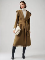 Wool Cashmere Blend Wrap Coat With Hood Double-Faced Camel Belted Winter Outerwear For Women 2026