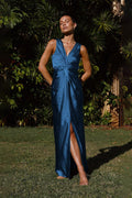 Satin Deep V-Neck Twist Front Draped Front Slit Maxi Dress