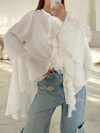 Round Neck Trumpet Sleeve Ruffled Chiffon Shirt