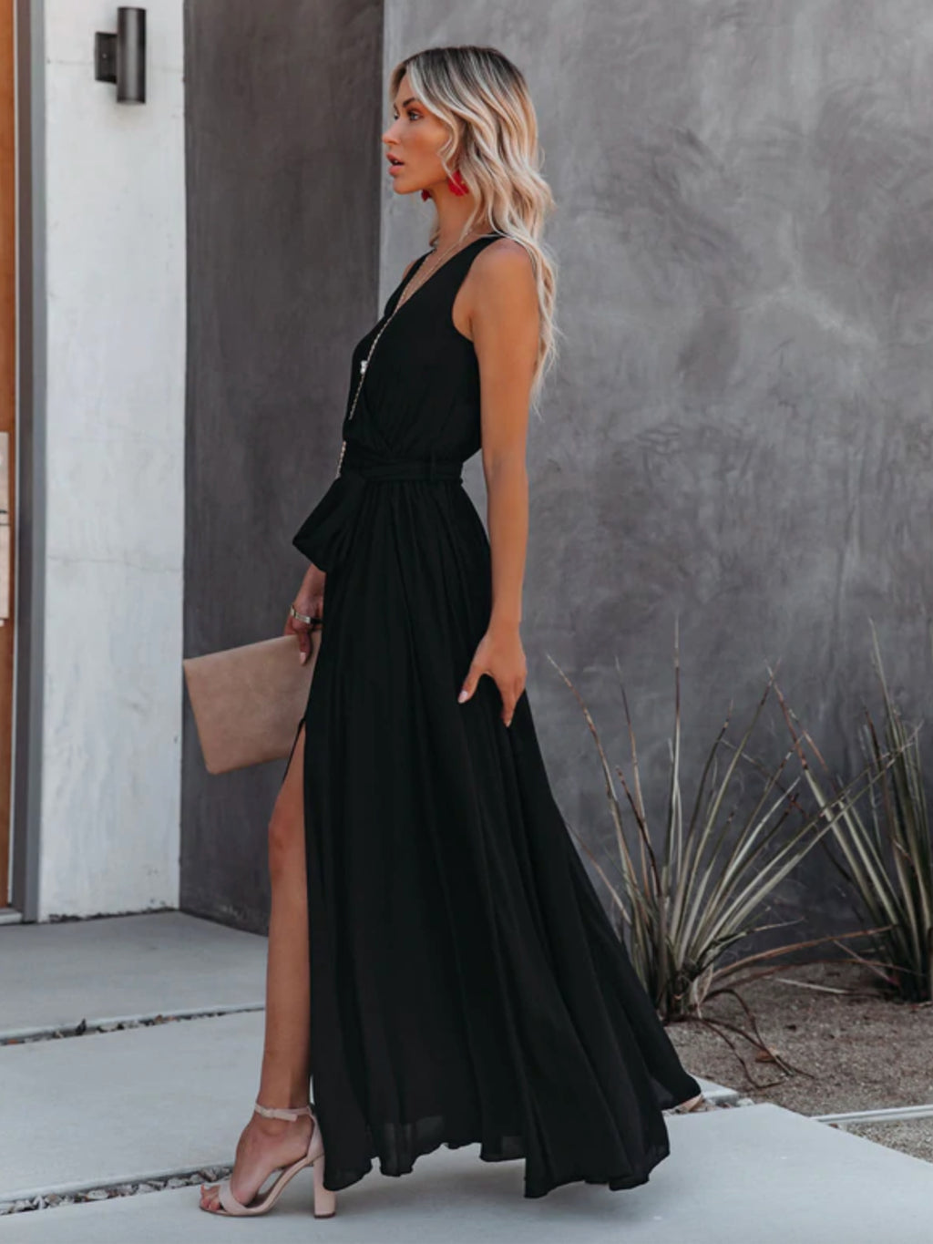 Minimalist Maxi Dress for Women - Black Sleeveless V Neck Side Split Belted Boho Dress - Summer Beach Party 2026