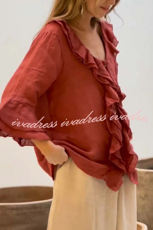 Solid Color V-neck Ruffled Casual Loose Top