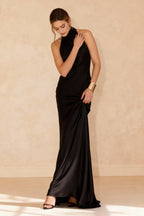 Satin Halter Neck Backless High Split Column Maxi Gown