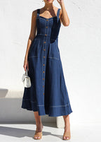 Denim Square Neck Button Front Patch Pocket Midi Dress