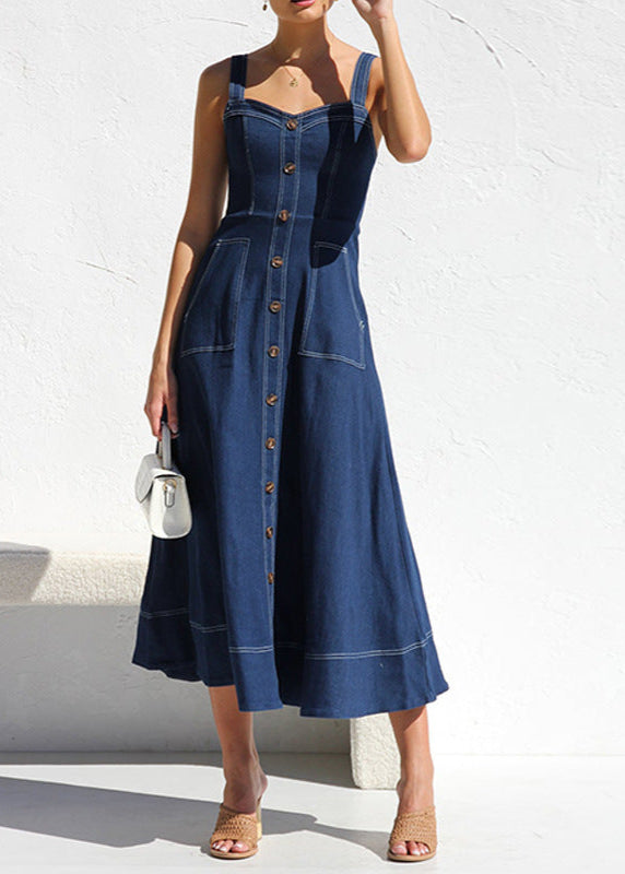 Denim Square Neck Button Front Patch Pocket Midi Dress