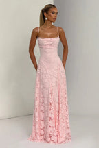 Floral Lace Spaghetti Strap Open Back Tiered Maxi Dress