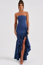 Strapless Corset Bustier High Split Ruffle Hem Maxi Dress