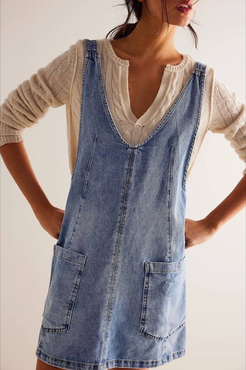 Denim Deep V-Neck Wide Strap Front Pocket Pinafore Mini Dress