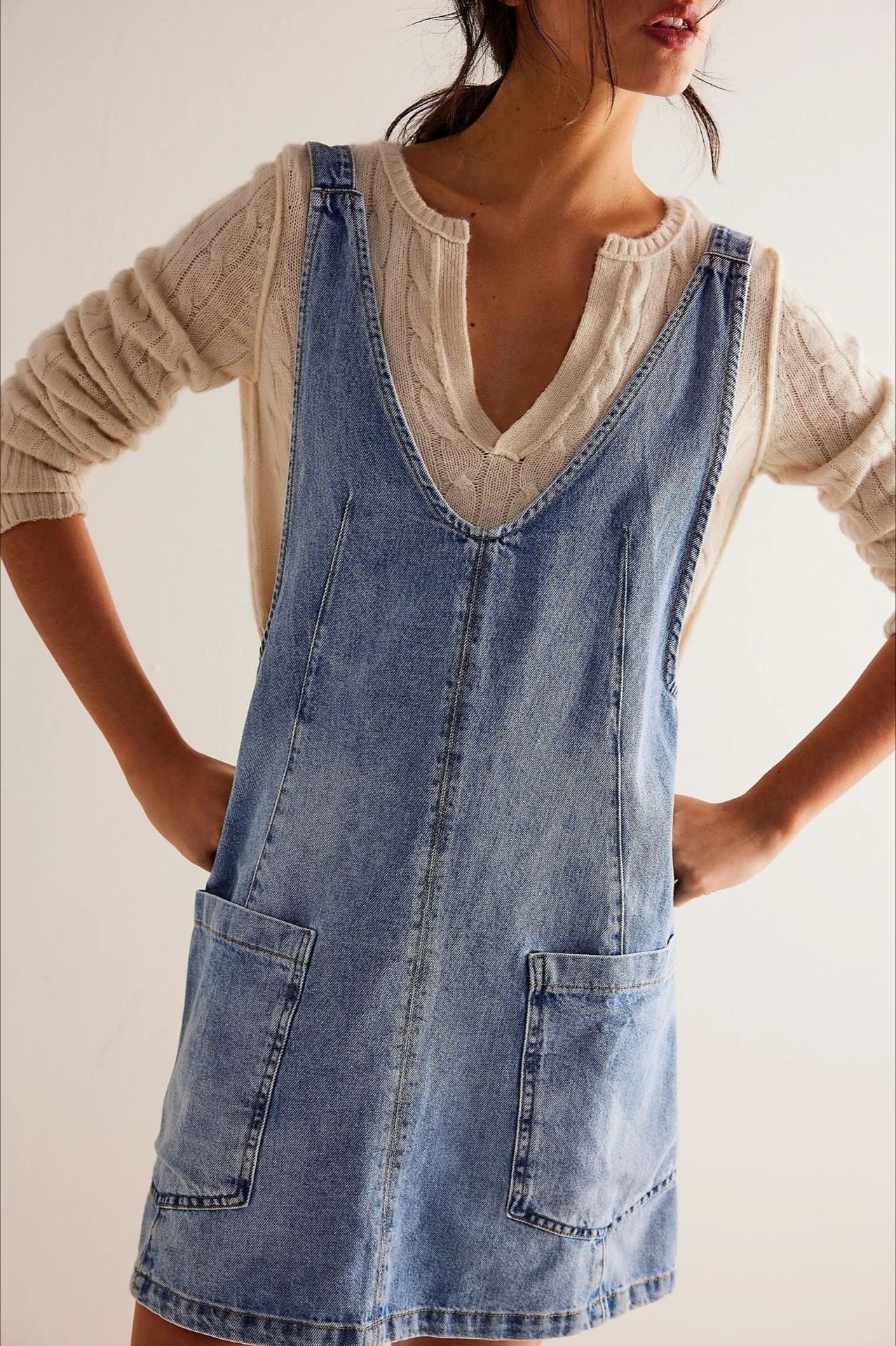 Denim Deep V-Neck Wide Strap Front Pocket Pinafore Mini Dress